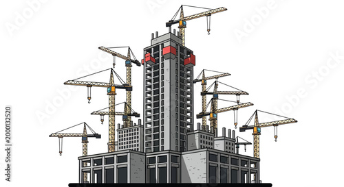 Construction site with multiple cranes operating.