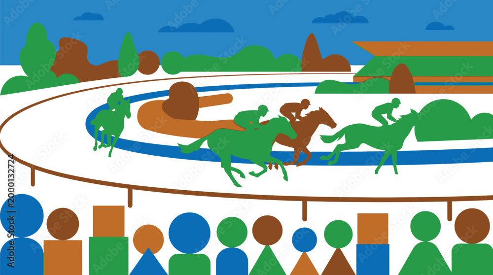 Naklejka premium Horses and jockeys compete in a high-speed race on a stylized track while spectators watch from the stands.