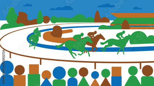 Horses and jockeys compete in a high-speed race on a stylized track while spectators watch from the stands.
