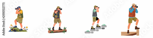 Set of Four Male Photographer Characters in Flat Illustration Style Capturing Nature Landscapes Outdoors
