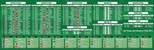 2026 World Football Tournament Group Stage Draw Infographic and Match Schedule Printable Wall Chart with National Teams Flags USA Mexico Canada International Soccer Championship Groups Table Template