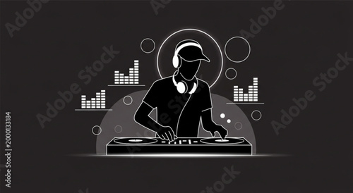 DJ Music Producer Silhouette with Headphones Mixing on Turntable with Sound Equalizer Bars, Night Club Party Concept for Entertainment, Audio, and Event Design