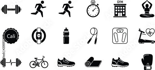 Large collection of fitness and bodybuilding icons for gym workout