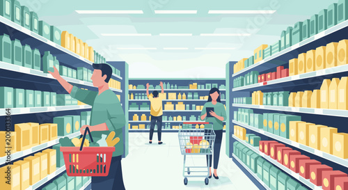 Diverse shoppers select groceries from brightly lit colorful aisles stocked with products in a modern supermarket illustrating everyday consumerism and retail shopping experiences
