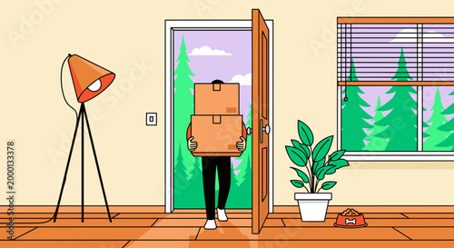 Person carrying stacked cardboard boxes through an open doorway into a brightly lit room symbolizing moving delivery and new beginnings with a stylized flat design aesthetic