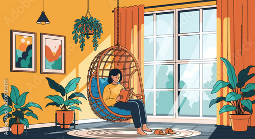 Cozy apartment interior with a woman relaxing in a hanging chair reading a book surrounded by houseplants and bathed in warm sunlight streaming through a large window
