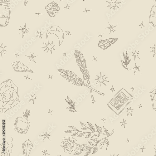Mystical seamless pattern featuring celestial elements, magic crystals, witch feathers, tarot card, crescent moon, and sparkling stars on a light background, inspiring spiritual and esoteric themes