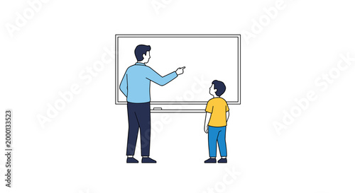 Teacher instructing a young student at a blank whiteboard symbolizing education learning and mentorship with a clean modern flat vector illustration style perfect for academic