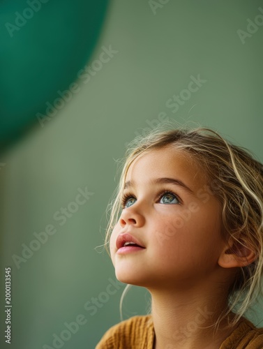 Close up portrait of a young child looking upward in soft warm light for poster or wallpaper background