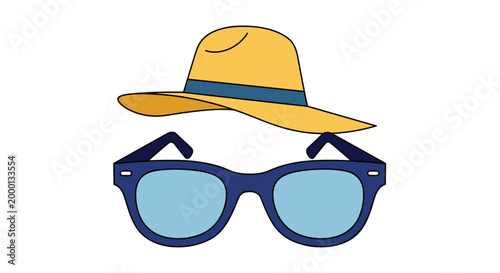Stylized flat vector illustration of a vibrant yellow sun hat with a blue ribbon band positioned above a pair of cool blue tinted sunglasses representing summer vacation travel