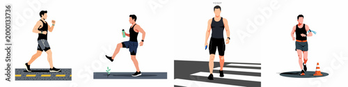 Set of flat vector illustrations featuring a fit man in athletic wear walking, jogging, and running in different urban scenarios.