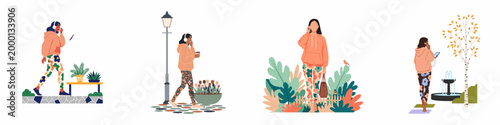 Flat illustration set of a young woman walking in various outdoor environments, wearing headphones and casual clothes while exploring parks and city streets.
