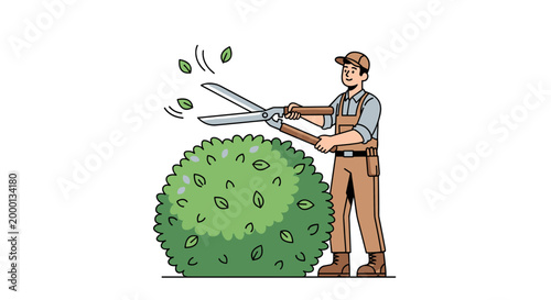Gardener trimming a round hedge with hand shears.
