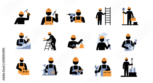Construction Worker In Uniform Engaged In Various Tasks.