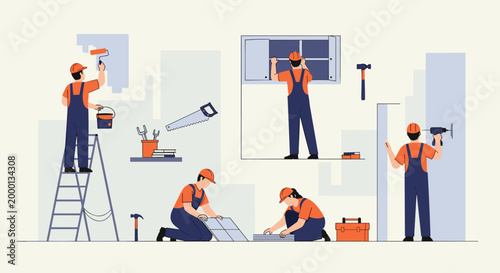Group of interior painters working on a renovation project.
