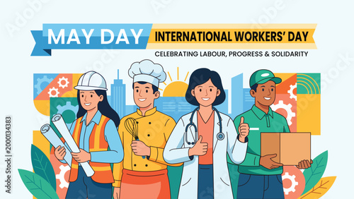 International Workers Day vector illustration with diverse professions in flat design style.