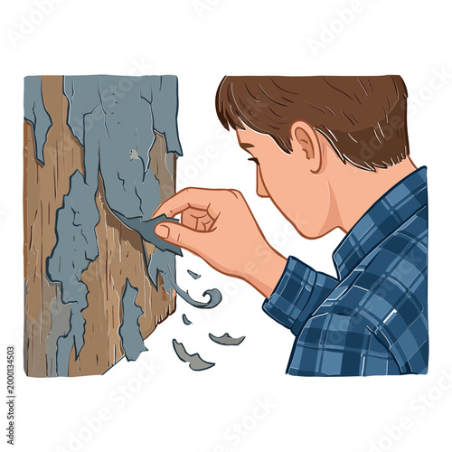 A man peels blue paint off a wooden plank with a putty knife.