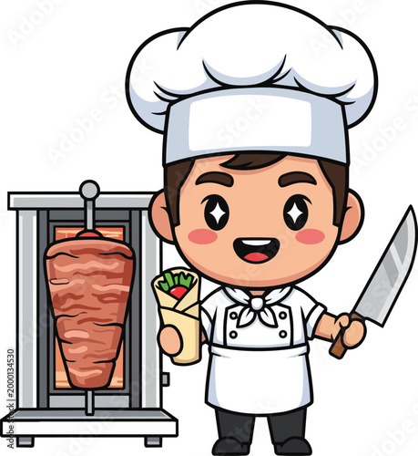 A chef holding a knife and a shawarma wrap stands beside a vertical spit.