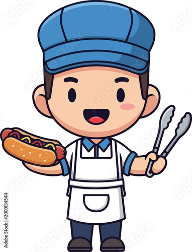 A cartoon chef happily holds a hot dog and tongs in a kitchen.