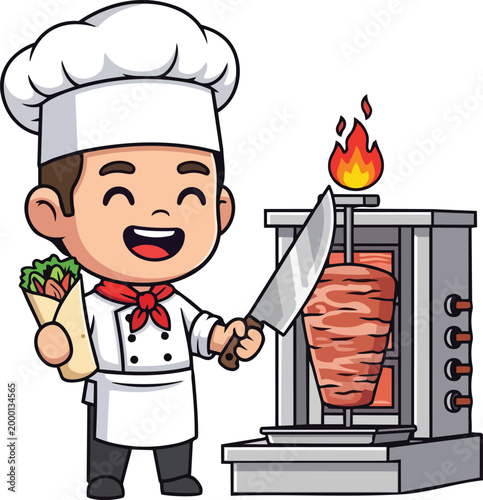 A chef prepares a meal with a large knife and a shawarma grill.