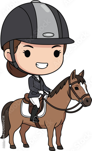 A smiling woman wearing a riding helmet sitting on a brown horse.