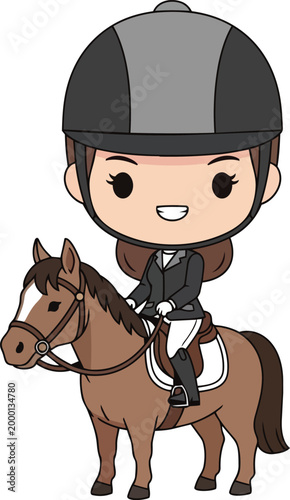 A cartoon girl rides a brown horse wearing equestrian gear outdoors.
