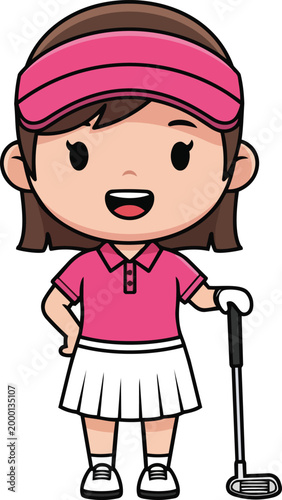 A smiling girl in pink outfit and visor holds golf club.