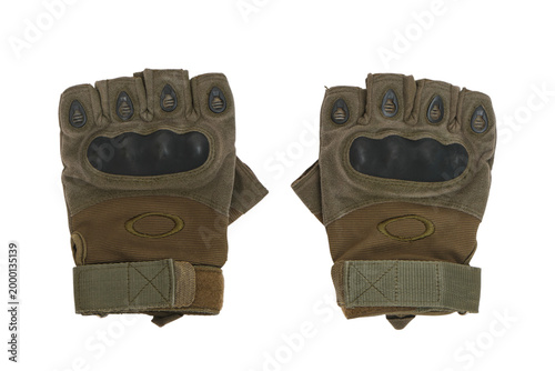 Pair of tactical fingerless gloves on transparent background. Olive green protective gear for combat or tactical sport. Military equipment for soldier usage. Durable hand protection accessory.