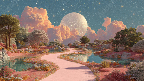 Fantasy landscape with silver moon, green trees, dreamy sky, pastel clouds and magical light, ethereal digital art background with cosmic atmosphere and whimsical scenery