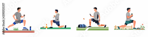 Vector illustration set of a man performing various lunging exercises outdoors with fitness gear, including a stopwatch, towel, smartphone, and water bottle.