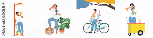 Collection of flat vector illustrations depicting people suffering from extreme summer heat and various ways they try to cool down and find relief.