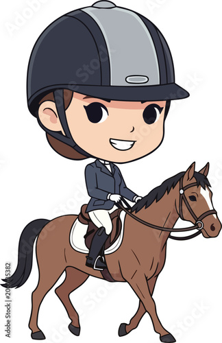 Equestrian woman rides brown horse wearing riding helmet and attire outdoors