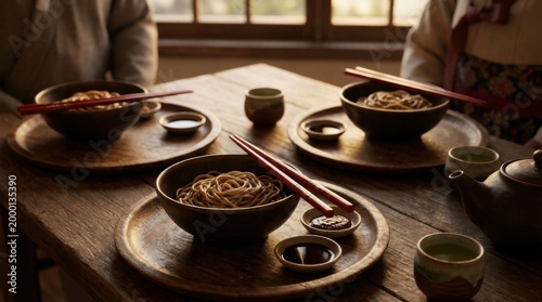 Traditional Japanese Noodle Bowls with Chopsticks in Warm Restaurant Setting