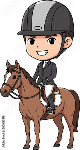 Equestrian Riding Smiling Teenager Wearing Helmet on Brown Horse