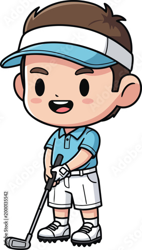 Young boy preparing to play golf on a sunny day outdoors