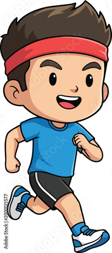 A cartoon boy wearing a red headband is running quickly outside in a blue shirt.