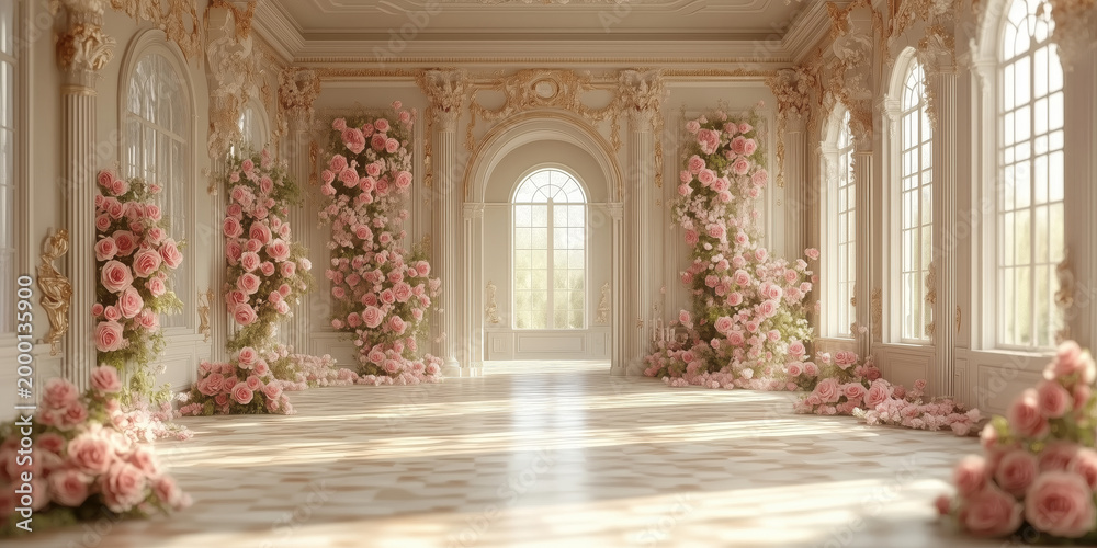 Fototapeta premium Luxury Palace Interior with large windows and white walls decorated pink roses and flowers compositions. Wedding background. Classic castle interior