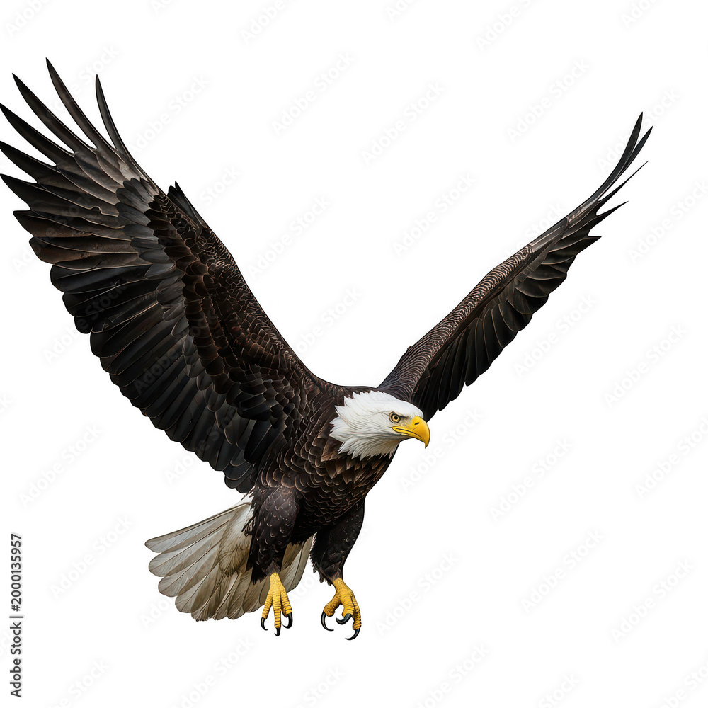 Fototapeta premium Bald eagle in mid-flight with wings spread wide