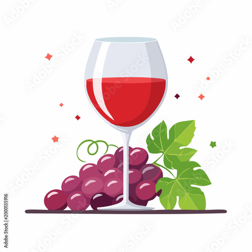 Glass of Red Wine with Grapes and Leaves