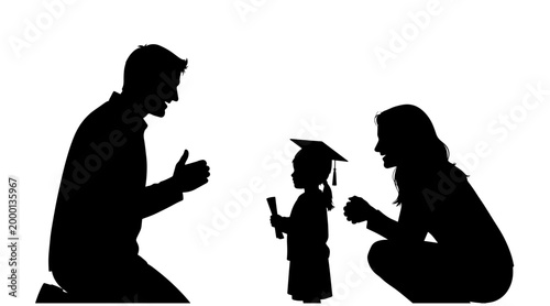 Family celebrating child's graduation in cap and gown, silhouette against white background, proud parents clapping