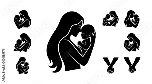 Silhouette of a mother holding her baby close, tender moment of love and connection, vector illustration