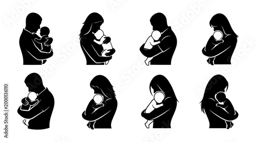 Parental Silhouettes Embracing Newborn Baby: Diverse Hugging Poses, Symbolizing Love, Protection, and Family Bonds