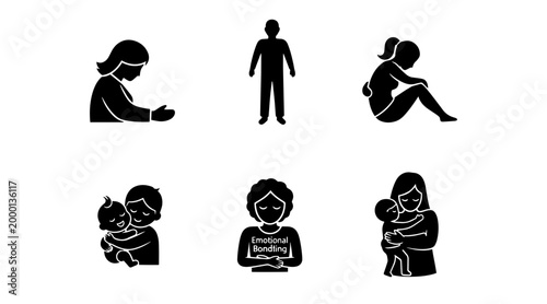 Diverse stick figures represent emotional connection: side hug, prayer, isolation, parental bonding, and comforting embrace.