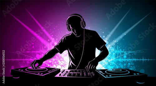 DJ Mixing Music on Turntables with Neon Lights Headphones Nightclub Party Sound Wave Background Illustration