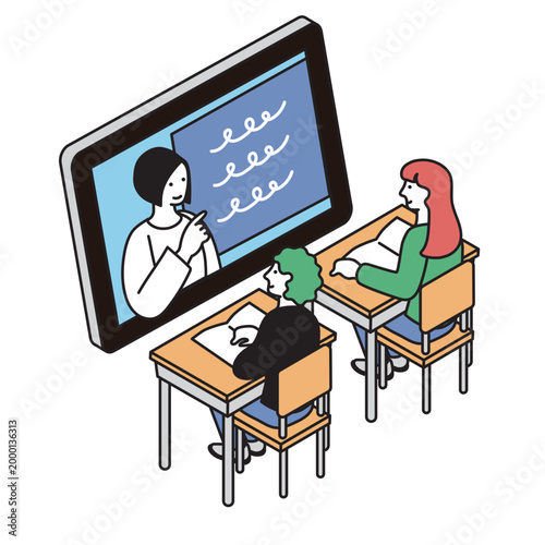 ICT教育タブレット学習をする学生のイラスト