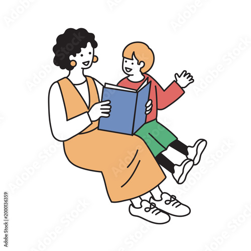 本を読み聞かせをする女性と子供のイラスト