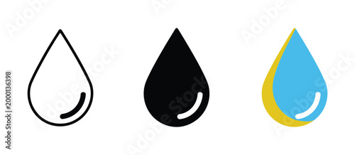 Minimalist water drop icon set in solid and outline styles, simple fluid symbol for apps, branding and eco or hydration related design.