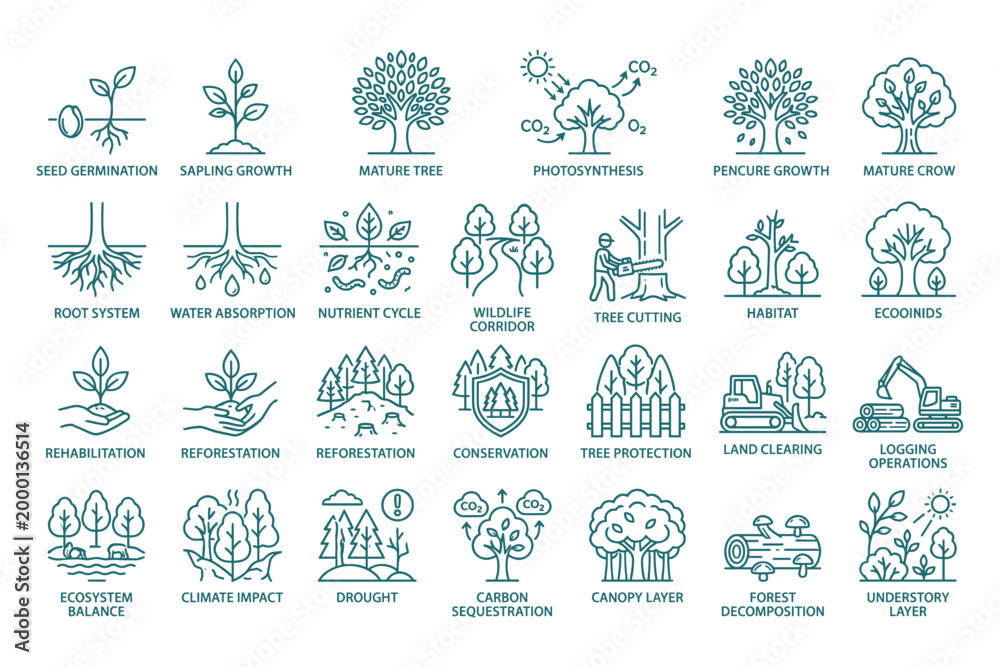 Obraz premium Tree growth process vector illustration, nature ecosystem balance, and environmental care icons set.