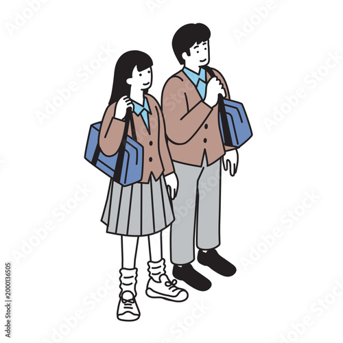 アイソメトリック構図の中高生の男女のイラスト

