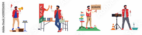 A series of flat vector illustrations depicting various roles of a male volunteer coordinating a sports event or marathon.